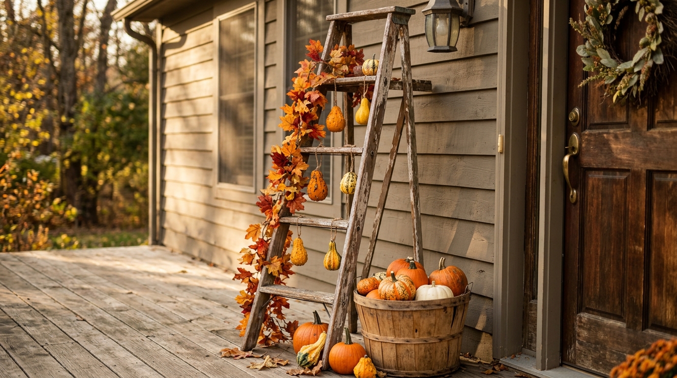 Old wooden ladder draped with leaf garland and gourds beside a front door