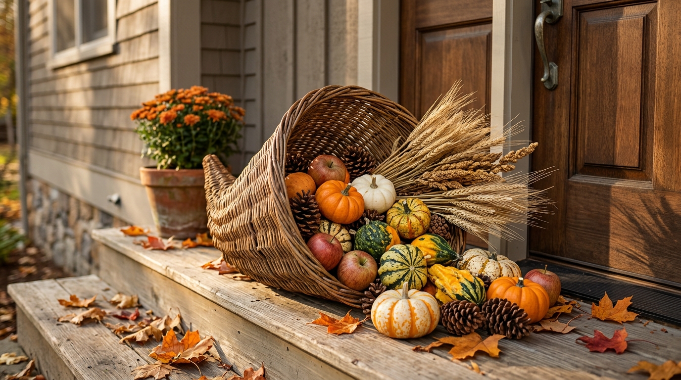 Wicker cornucopia basket spilling pumpkins, apples and wheat by the front door