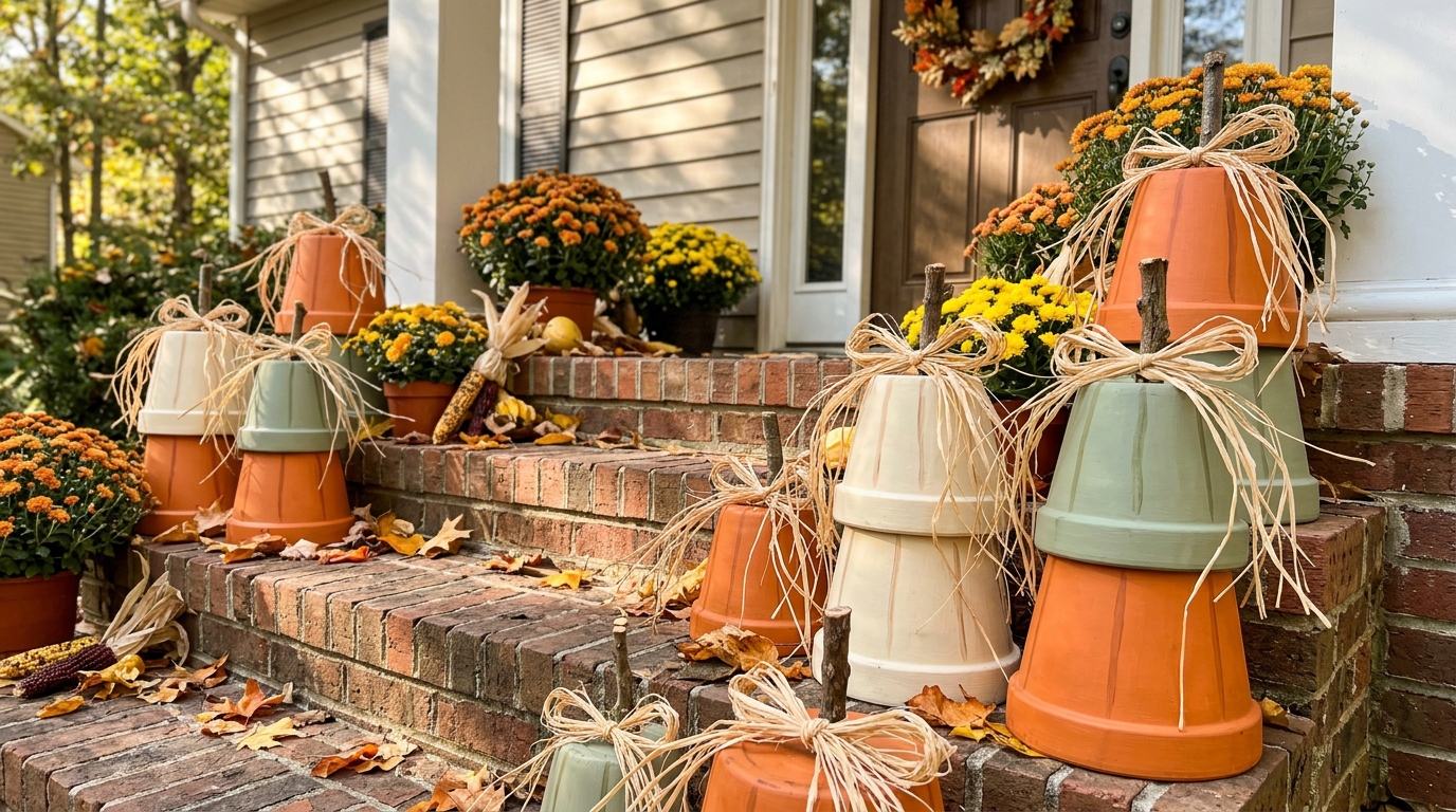 Thanksgiving Porch Decor terracotta pots painted like pumpkins on the steps