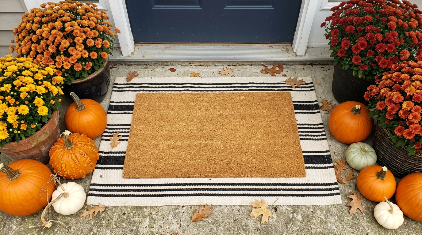 Coir doormat layered over a black and cream striped rug with mums and pumpkins