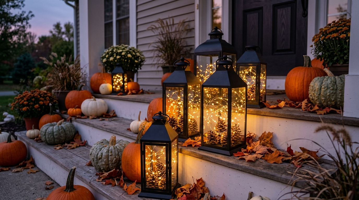 Thanksgiving Porch Decor black lanterns with battery fairy lights and pinecones at dusk
