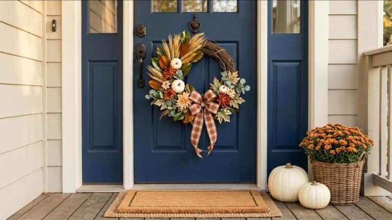 Thanksgiving Wreath with wheat, mini pumpkins and fall leaves on a navy front door