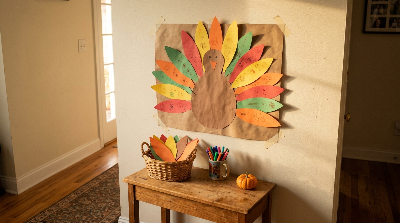 Large paper turkey on a wall with colorful paper feathers and a basket of blank feathers below