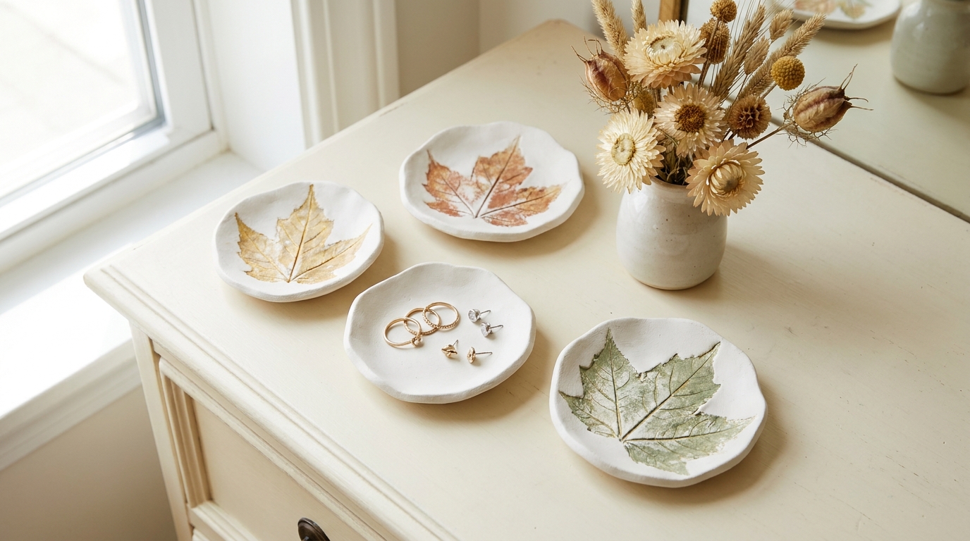 Air dry clay trinket dishes pressed with real leaves holding jewelry