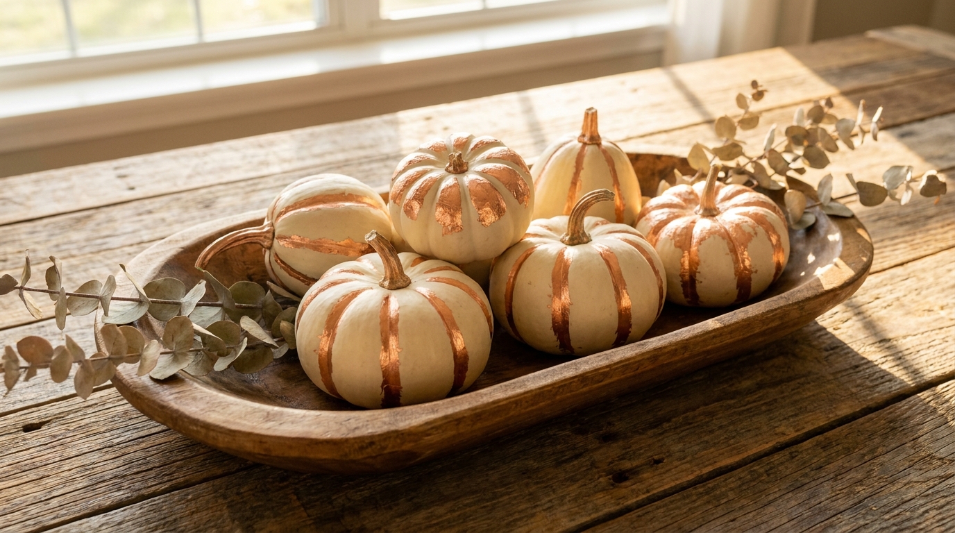 Cream painted gourds with copper leaf ribs in a wooden dough bowl