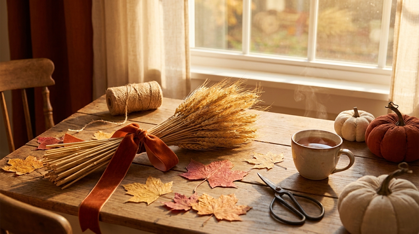 Thanksgiving crafts for adults: a wheat bundle with velvet ribbon, pressed leaves and fabric pumpkins on a sunny craft table