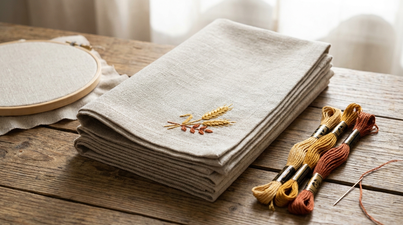 Oatmeal linen napkins embroidered with a wheat sprig next to a hoop and floss