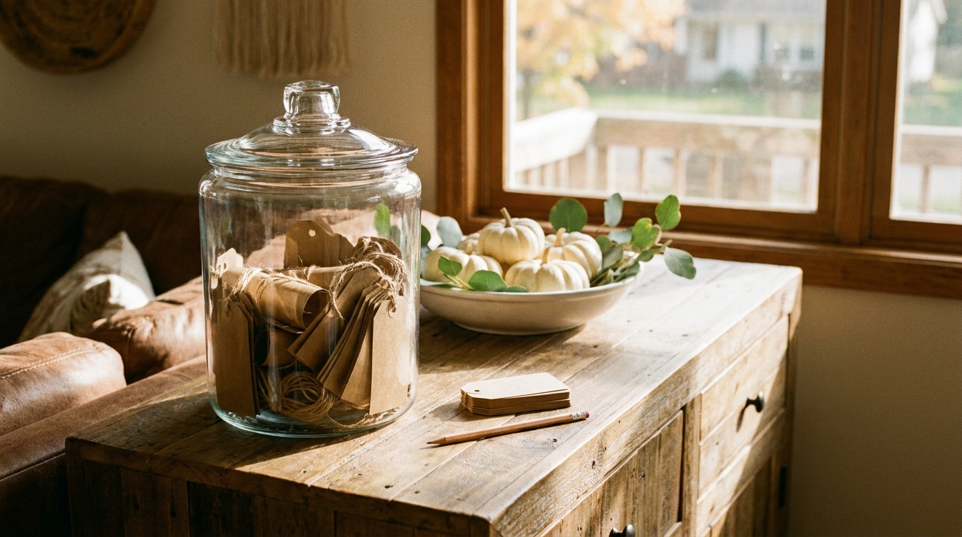 A glass gratitude jar filled with rolled kraft paper tags on a wooden sideboard