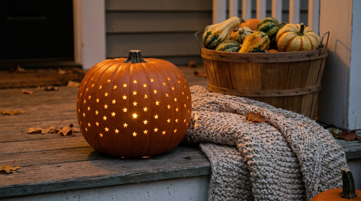 A faux pumpkin lantern with star holes glowing from a battery LED light on a porch step
