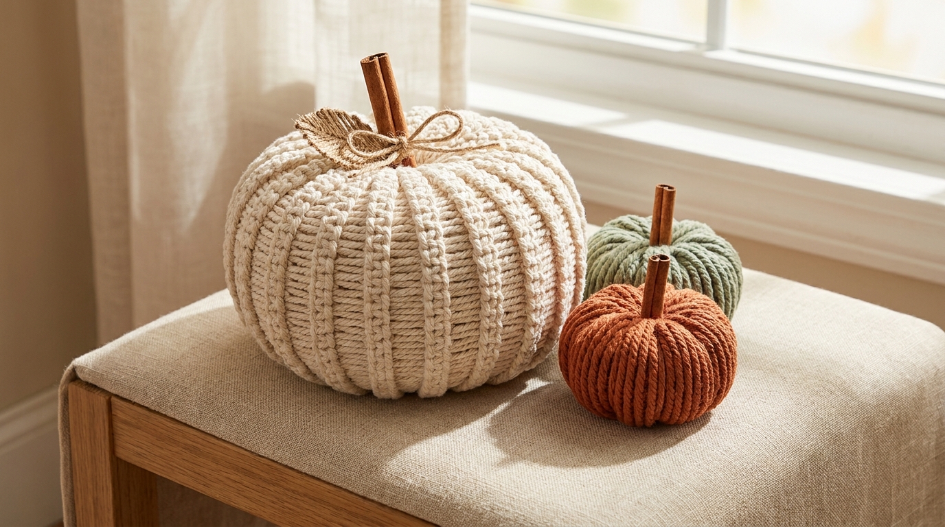 Three macrame pumpkins in cream, rust and sage cord with cinnamon stick stems