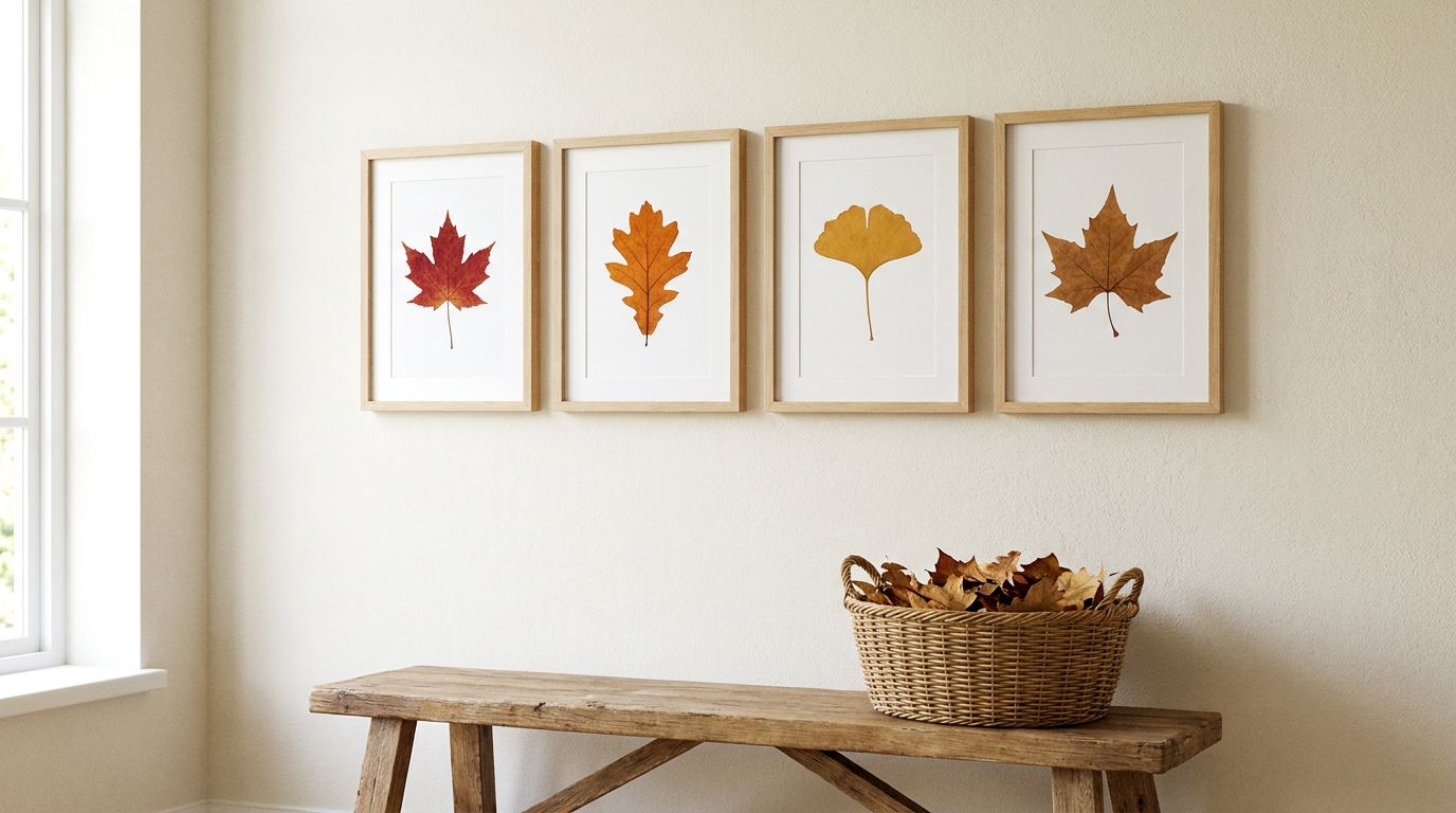 Four wooden frames each holding one pressed autumn leaf on a cream wall