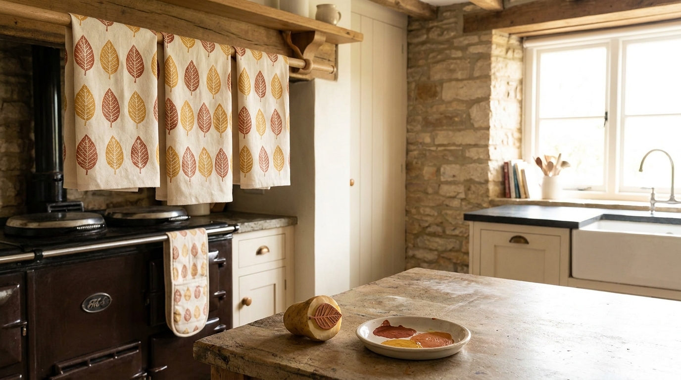 Cream linen tea towels stamped with rust and mustard leaves hanging in a farmhouse kitchen