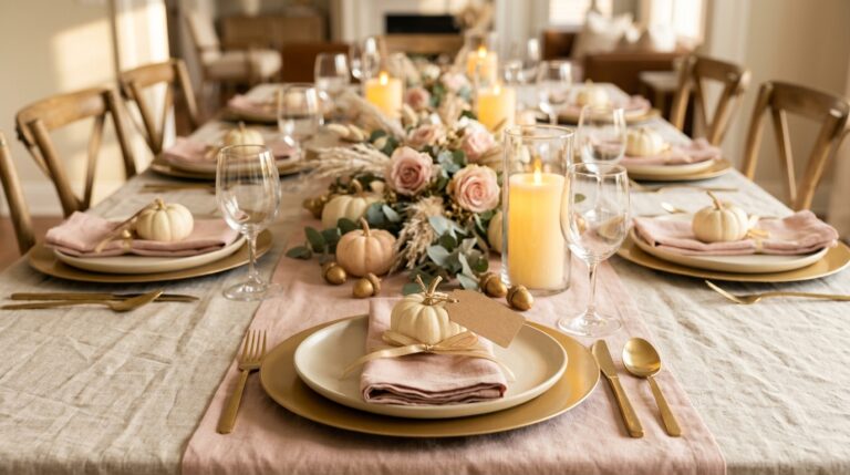 Thanksgiving table ideas: blush and gold table with mini white pumpkin place cards and battery candles