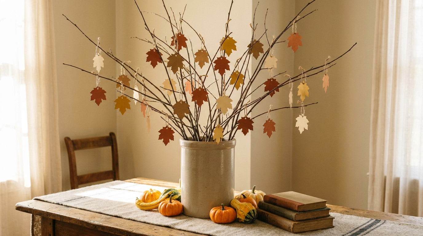 Bare branches in a crock hung with kraft paper leaf tags on an entry table