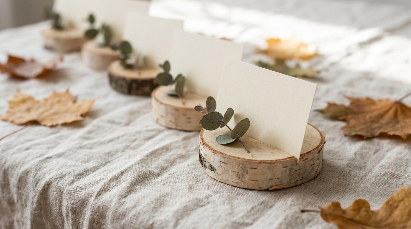 Birch wood slice place cards with eucalyptus sprigs on a linen tablecloth