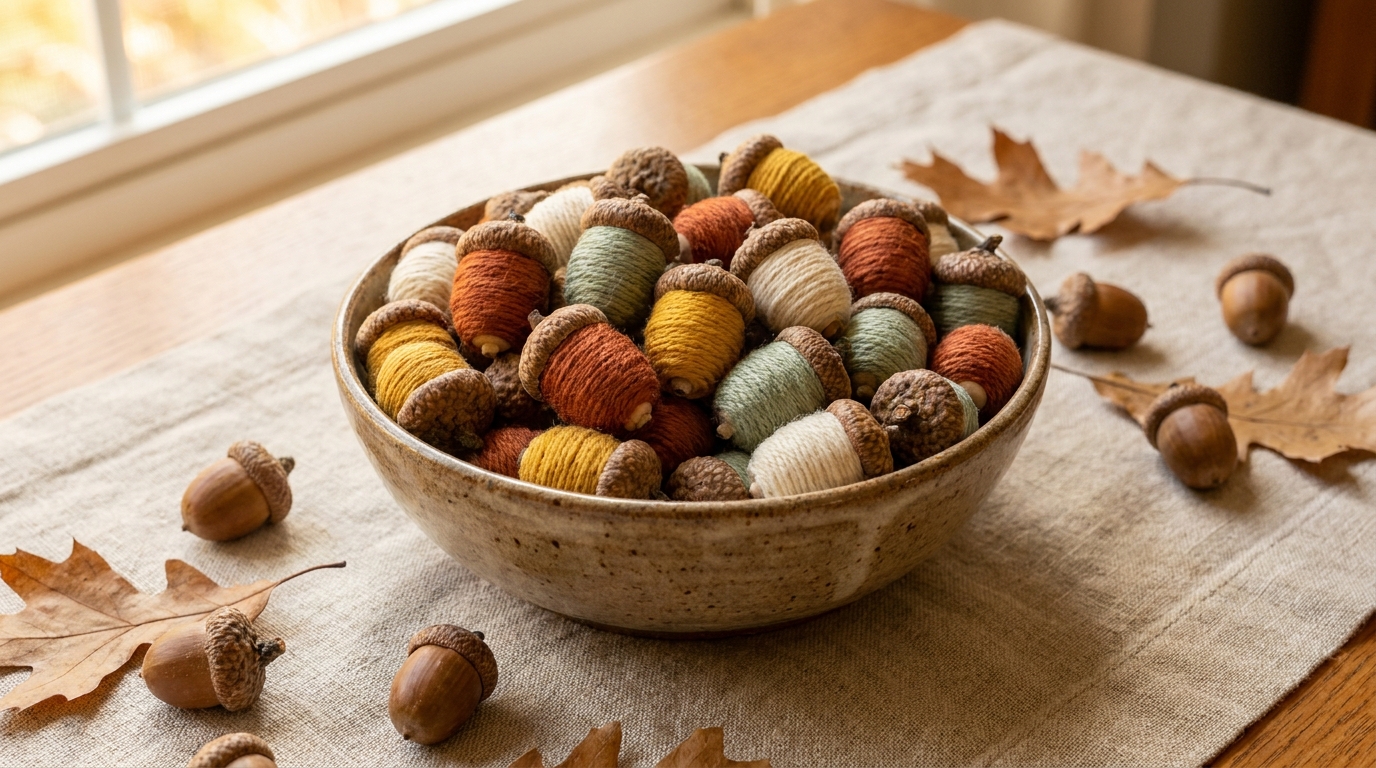 A bowl of yarn wrapped acorns in rust, mustard and sage on a linen runner
