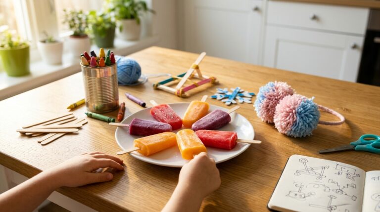Things invented by kids made at home: fruit juice popsicles, pom pom earmuffs and popsicle stick crafts on a sunny kitchen table