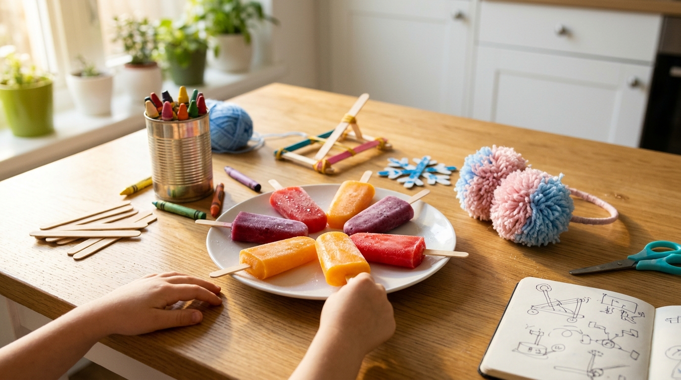 Things invented by kids made at home: fruit juice popsicles, pom pom earmuffs and popsicle stick crafts on a sunny kitchen table