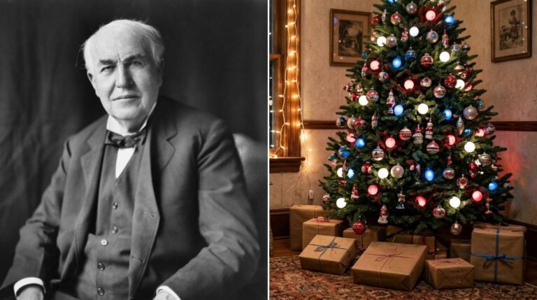Thomas Edison Christmas tree glowing with red, white and blue vintage bulbs beside a portrait of Thomas Edison