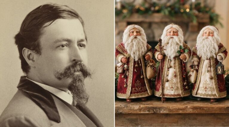 Thomas Nast Santa portrait beside handmade old-world Santa figures on a rustic mantel
