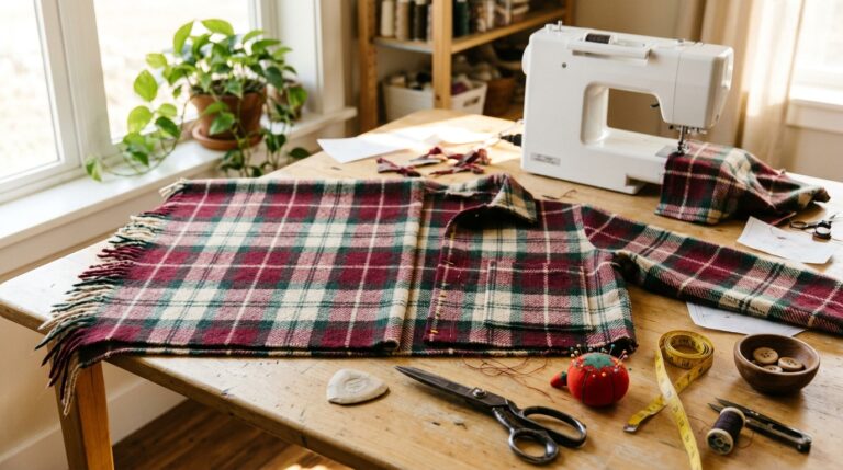 Thrift flips: a plaid wool blanket being sewn into a cropped chore jacket on a sunny sewing table