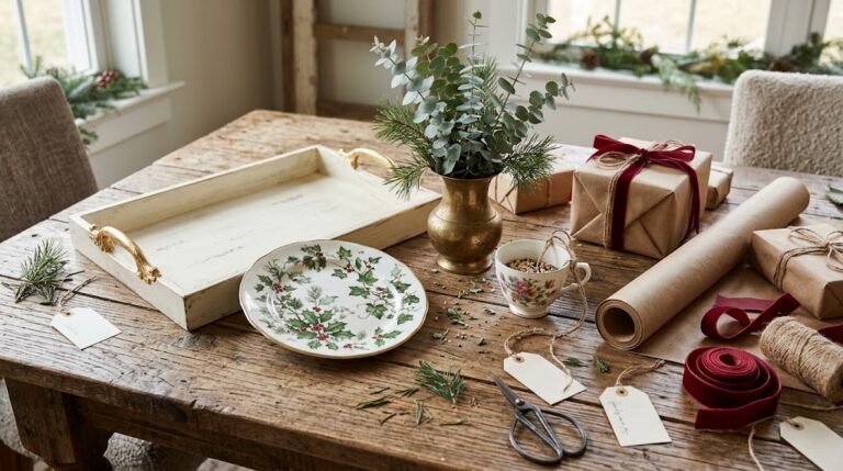 Thrift Store Christmas Gifts table with a painted tray, decoupage plate, brass vase and teacup feeder