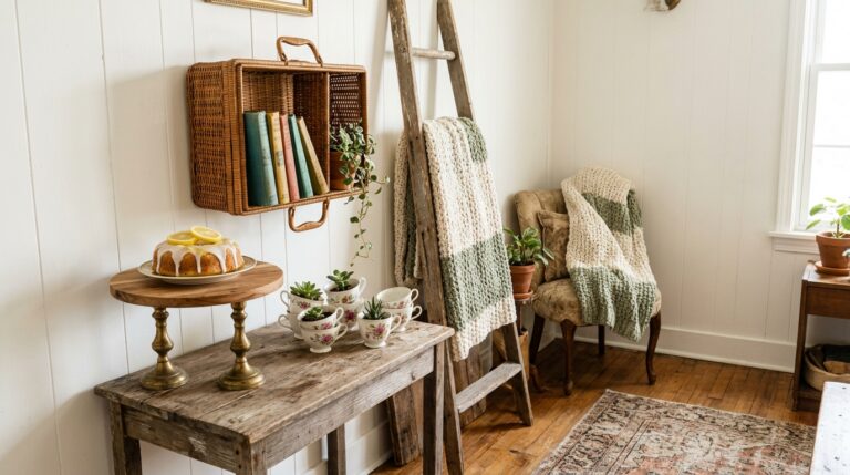 Thrift Store Hacks living room with a picnic basket wall shelf, teacup planters, a candlestick cake stand and a blanket ladder