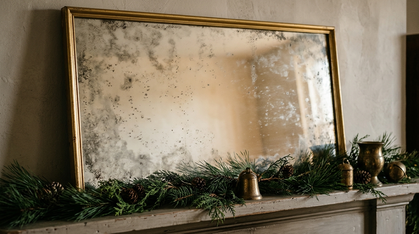 Thrifted mirror makeovers: faux antique smoky glass finish in a gold frame on a pine mantel