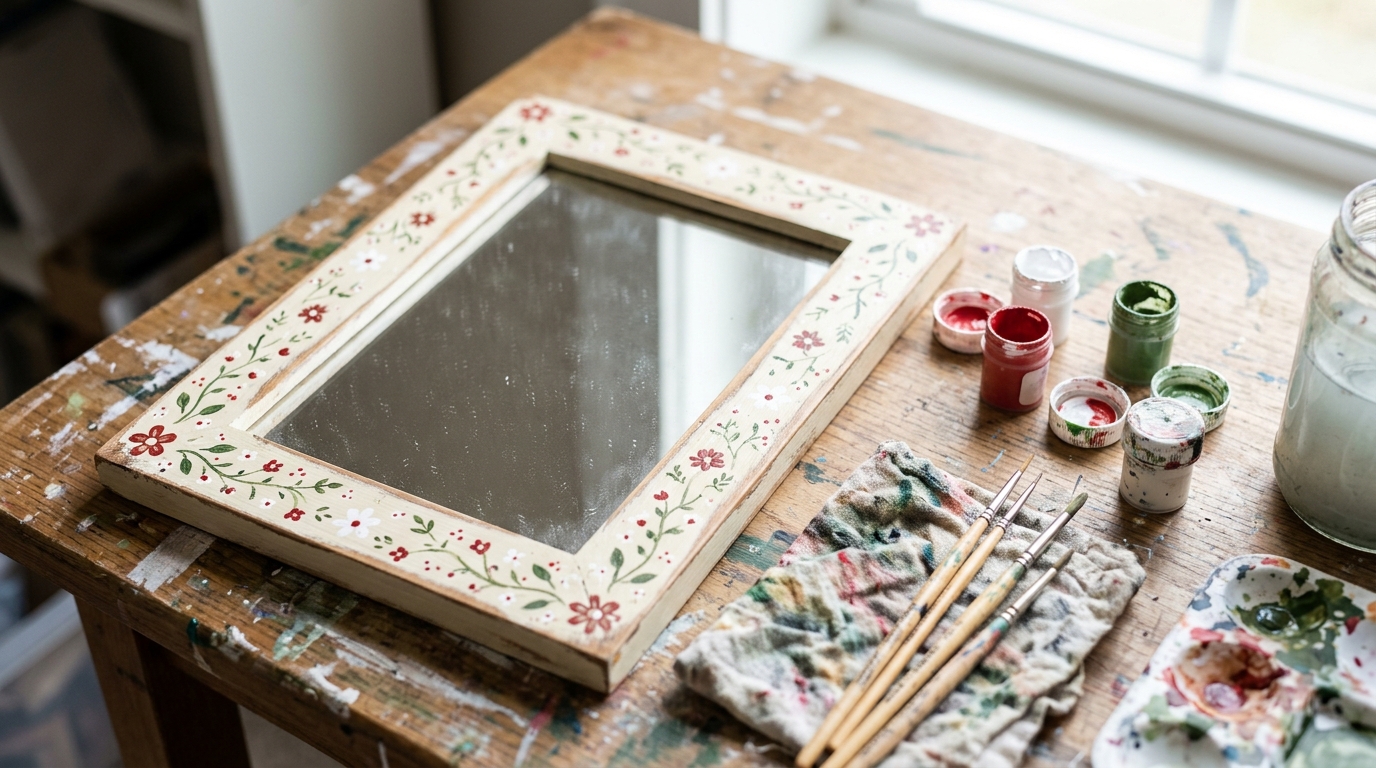 Thrifted mirror makeovers: small frame hand painted with folk art flowers beside paint pots