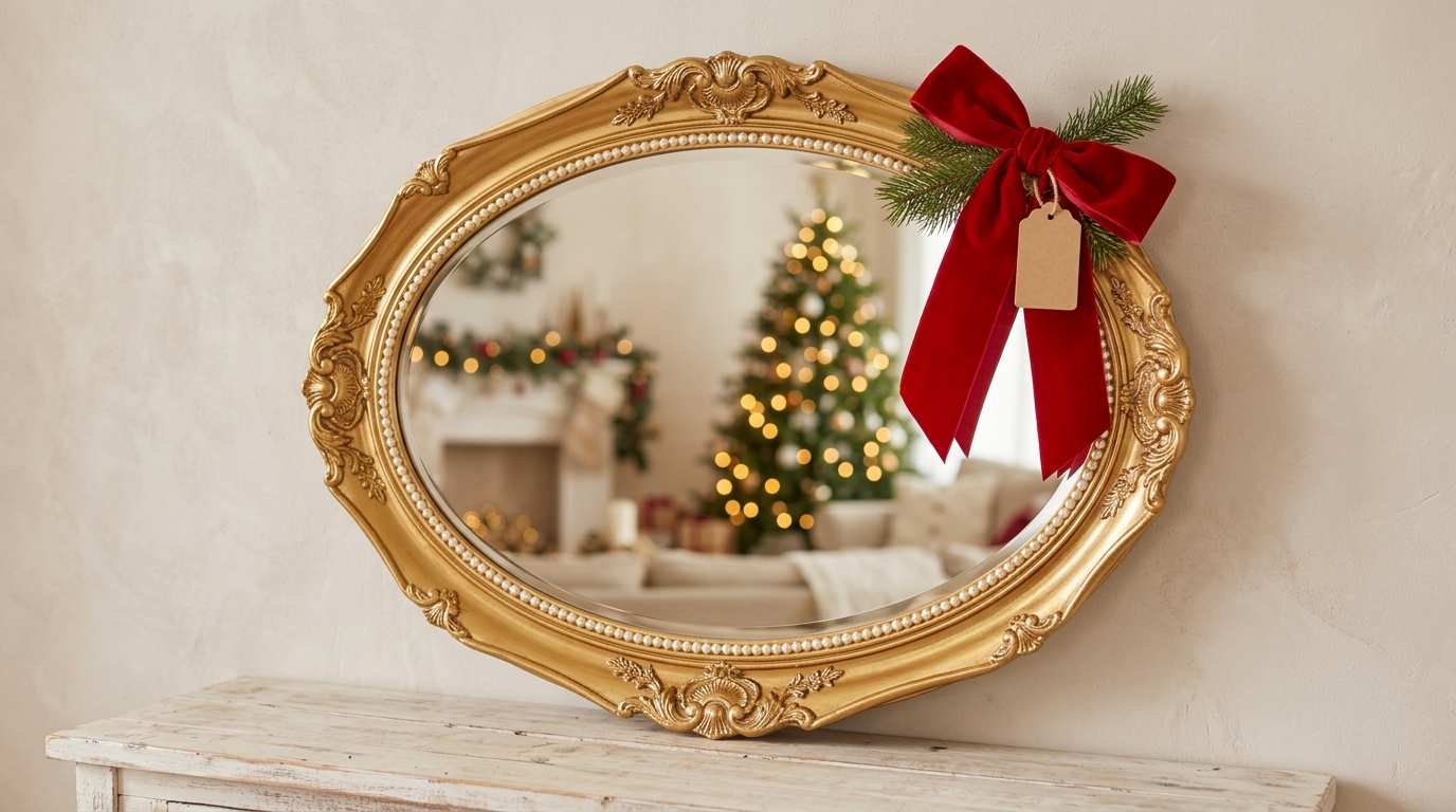 Thrifted mirror makeovers: oval mirror painted gold with pearl trim and a red velvet gift bow on a console