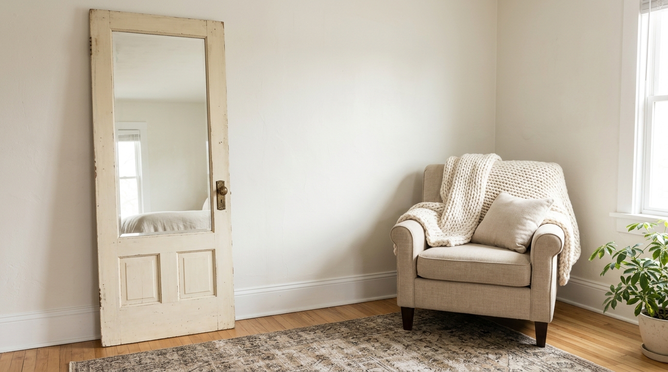 Thrifted mirror makeovers: old paneled door painted cream and turned into a leaning floor mirror