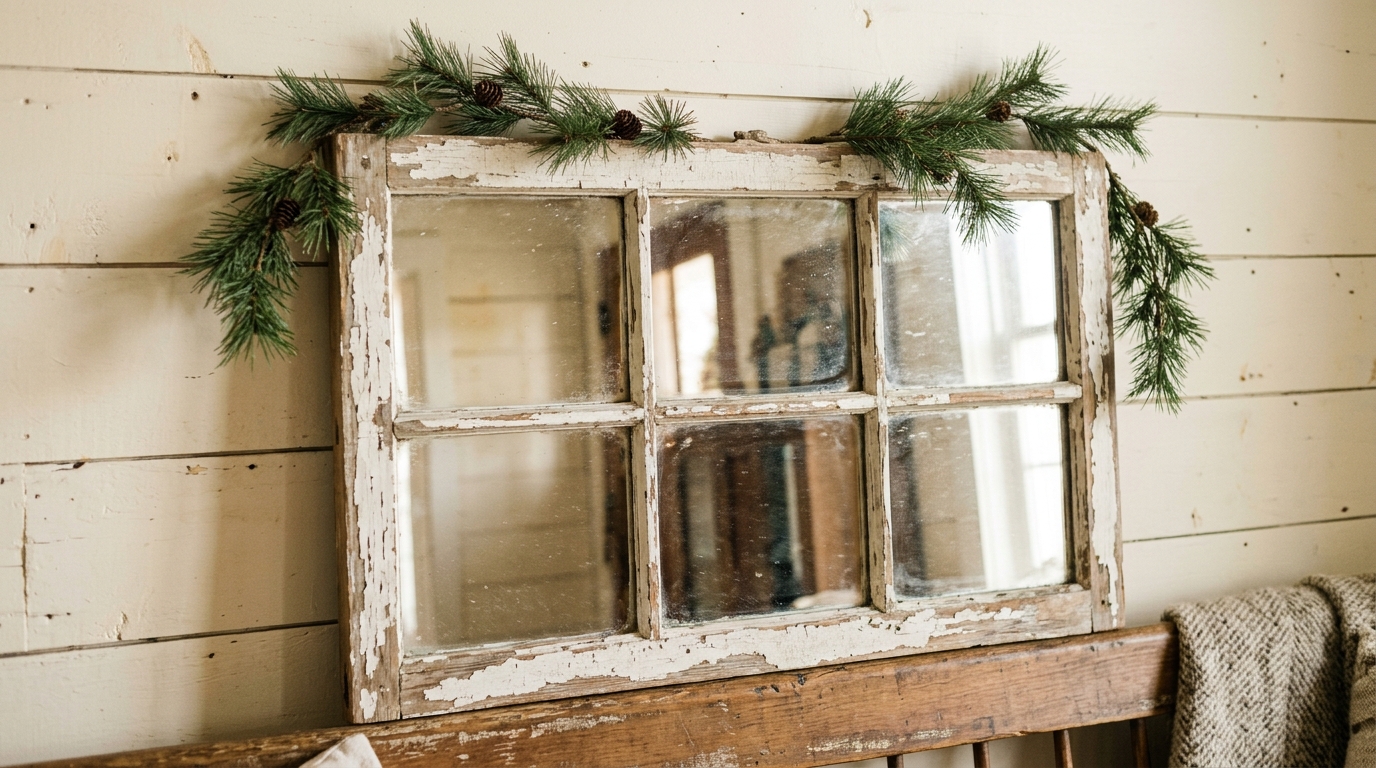Thrifted mirror makeovers: old six pane window frame fitted with mirror glass and pine garland