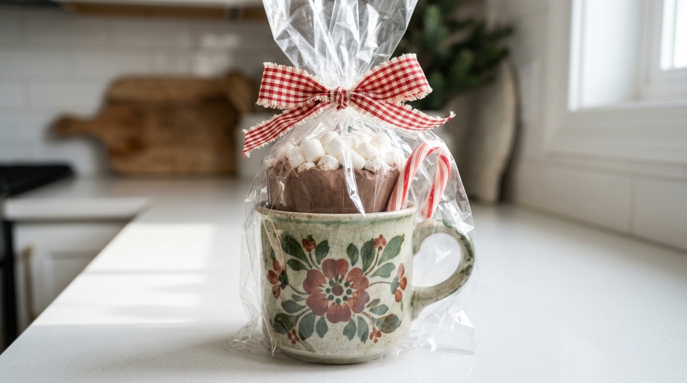 Vintage floral mug filled with cocoa mix and marshmallows, wrapped with a gingham bow