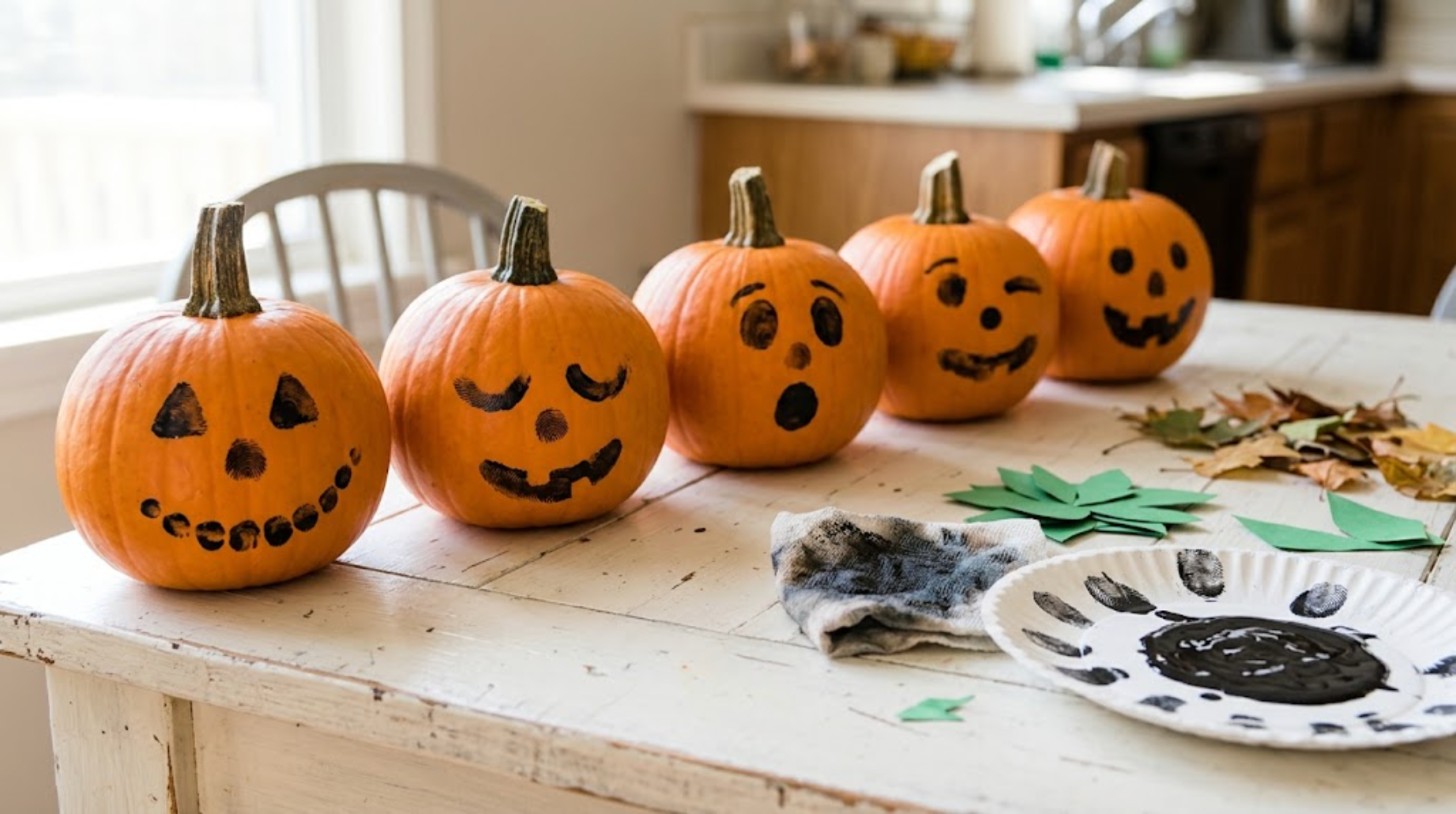 No-carve pumpkin ideas: row of small orange pumpkins with jack-o-lantern faces made from black thumbprints