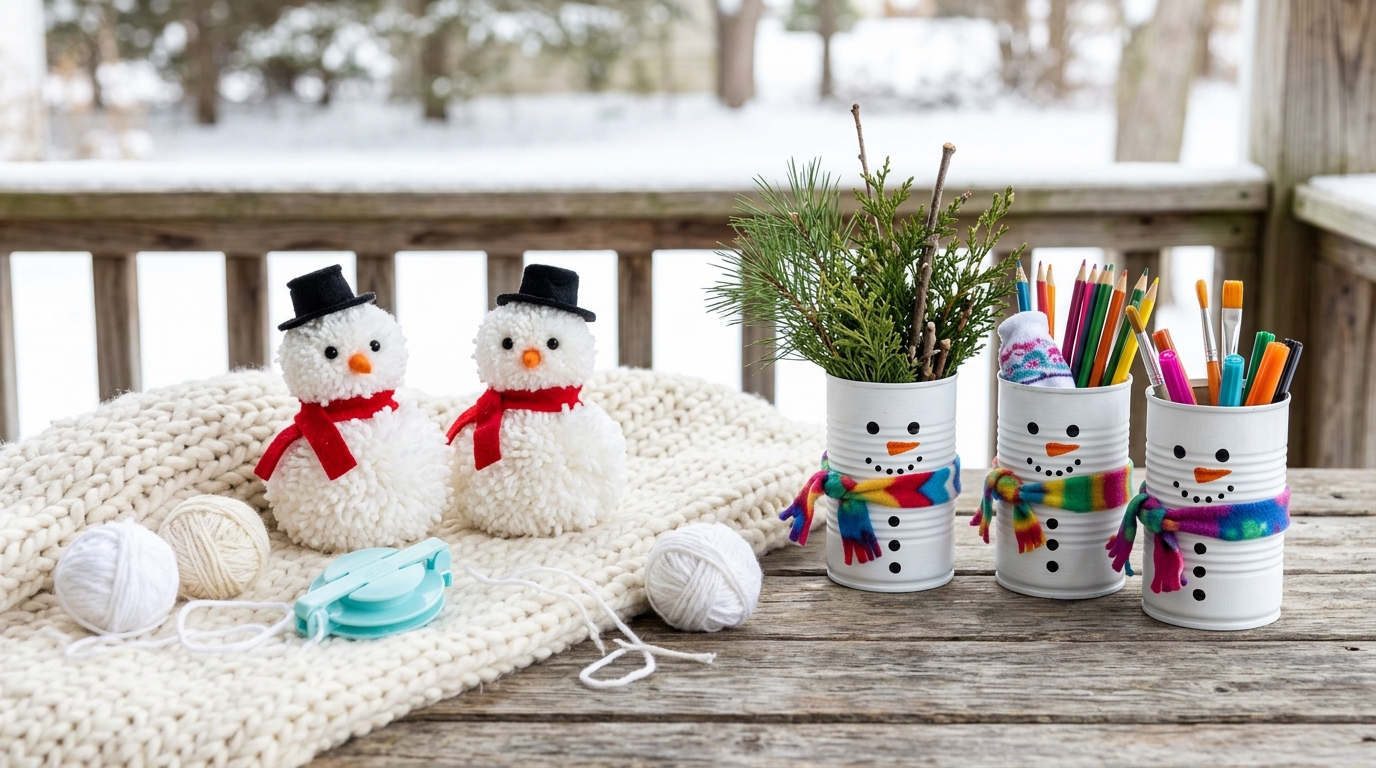 Tin cans painted as snowmen holding pencils and pine sprigs on a porch table