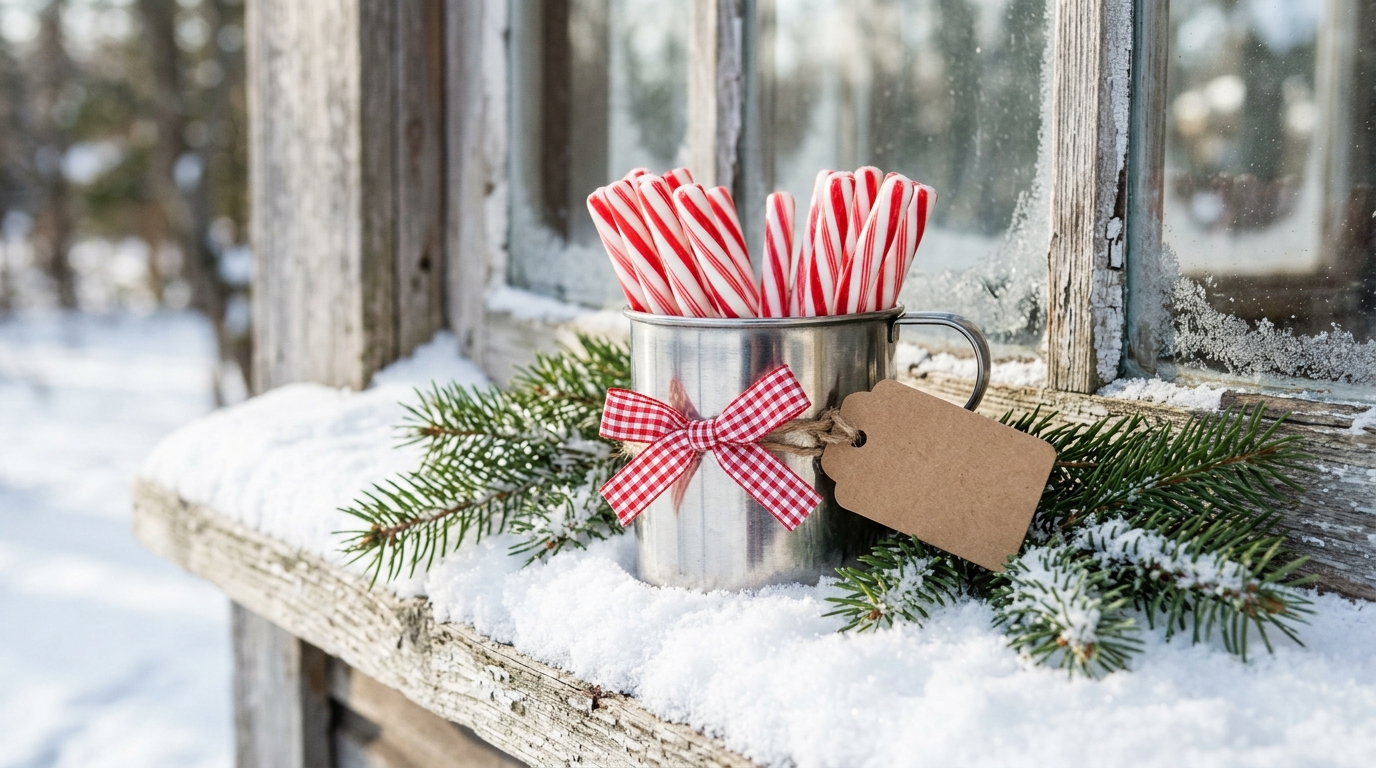 Laura Ingalls Wilder inspired tin cup filled with peppermint sticks on a snowy windowsill