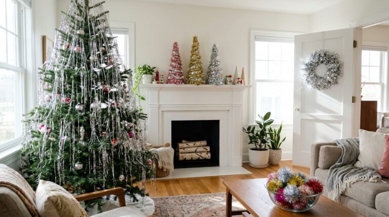 Tinsel christmas decor in a bright living room with a silver tinsel tree, pink and gold tinsel cone trees and a tinsel wreath