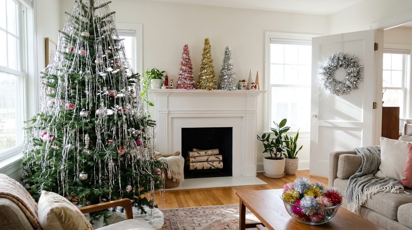Tinsel christmas decor in a bright living room with a silver tinsel tree, pink and gold tinsel cone trees and a tinsel wreath