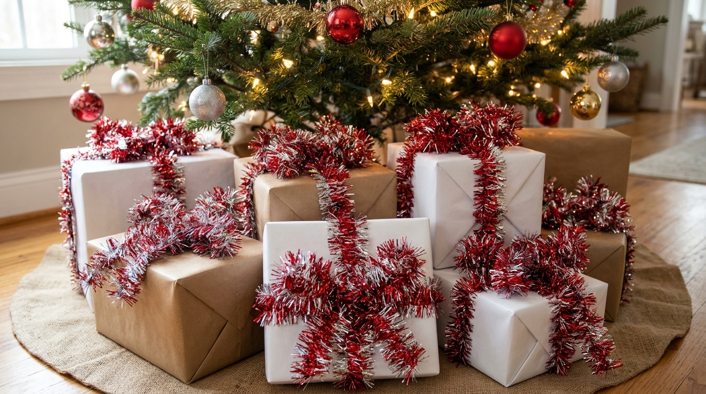 Tinsel christmas decor wrapped gifts in white and kraft paper with big fluffy bows made from red and silver tinsel