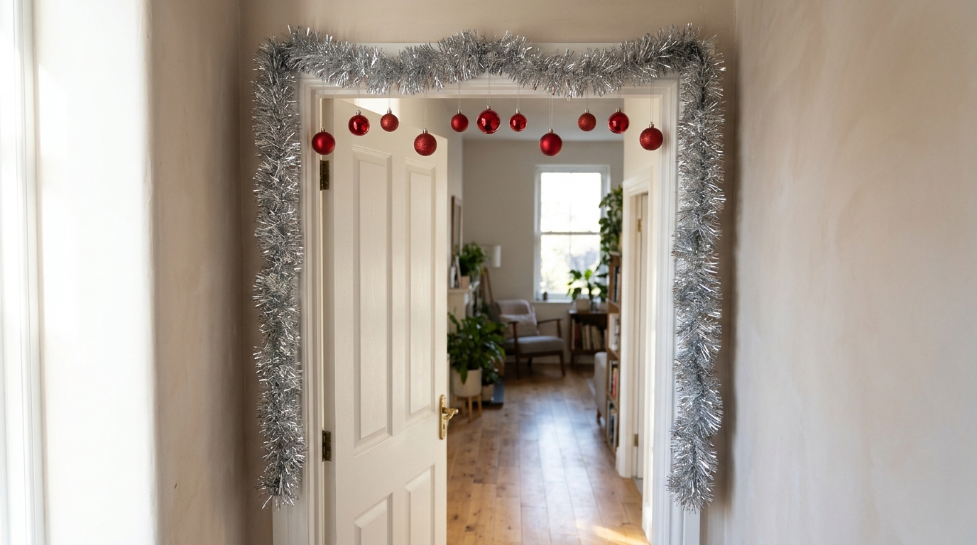 White doorway framed with thick silver tinsel garland with small red ornaments hanging from the top