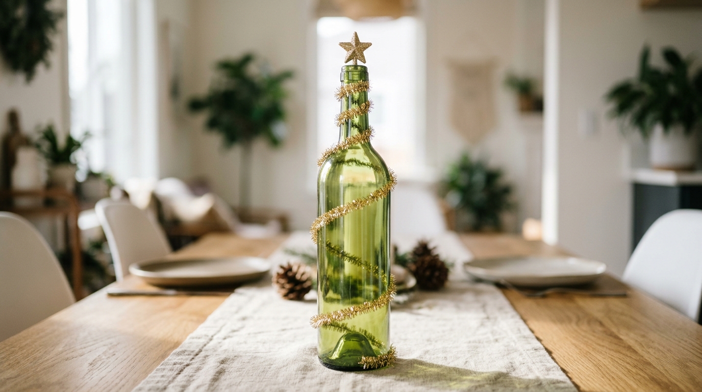Empty green wine bottle wrapped in a spiral of gold tinsel with a small star on top on a dining table