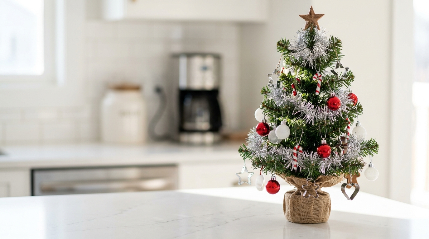 Tinsel christmas decor small tabletop tree with silver tinsel garland and red and white ornaments on a kitchen counter