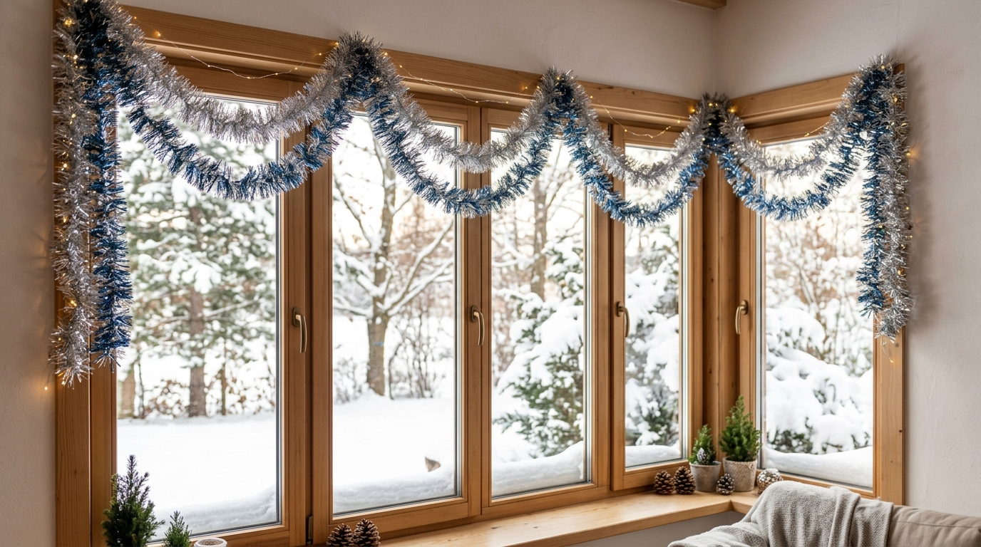 Bright window with loops of silver and blue tinsel garland draped across the top and a snowy view outside