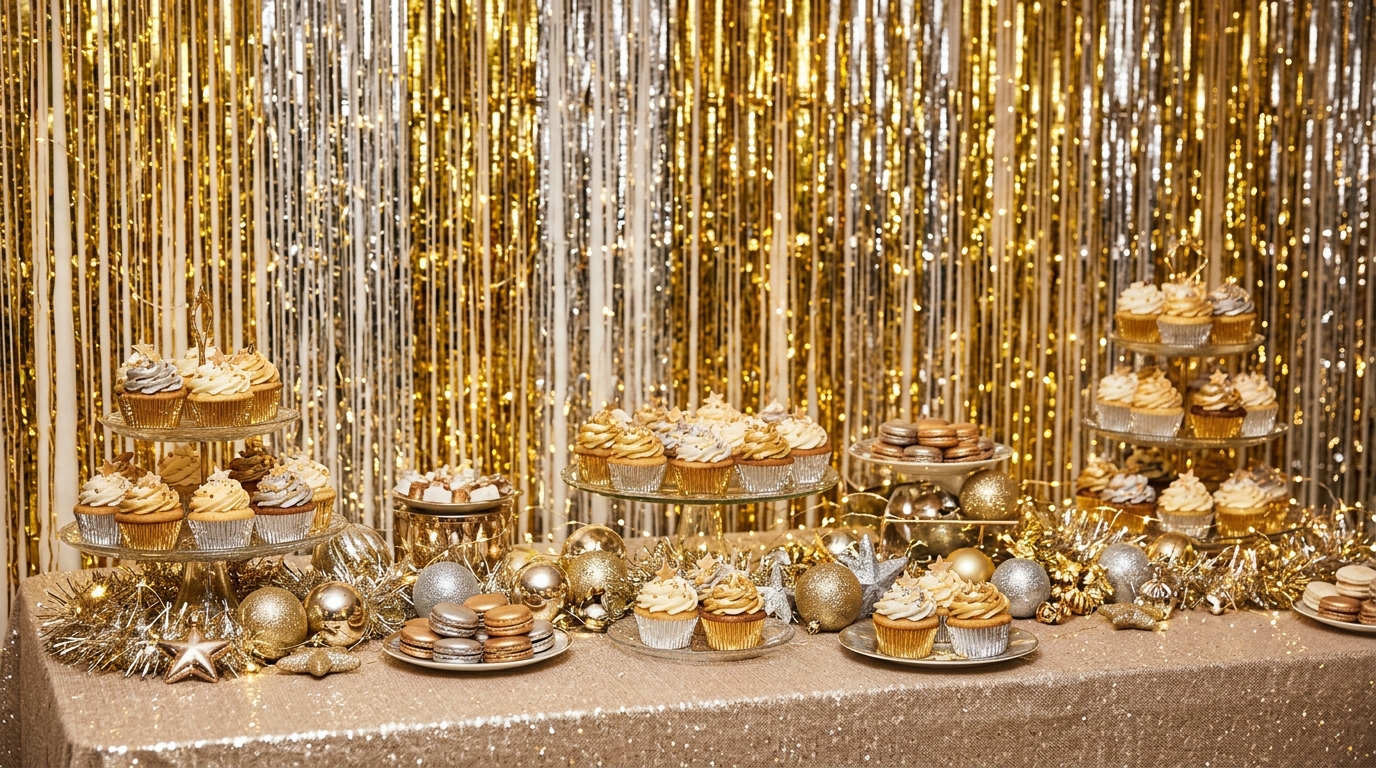 Party backdrop of shiny gold and silver tinsel curtain strands behind a holiday dessert table