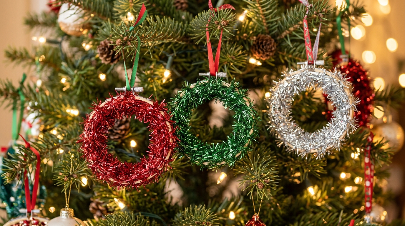 Small wooden embroidery hoops wrapped in red, green and silver tinsel hanging as ornaments on a Christmas tree