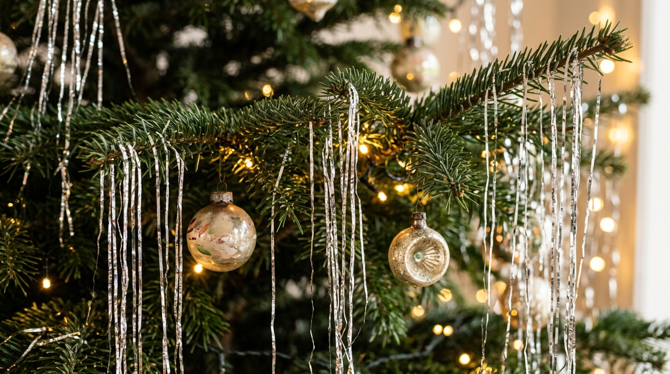 Tinsel christmas decor long strands of silver icicle tinsel hanging straight on a green Christmas tree with vintage glass ornaments