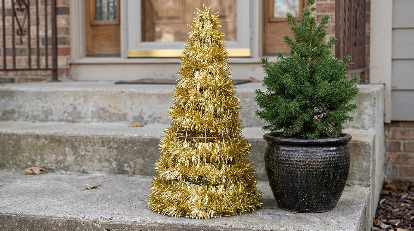 Cone shaped mini tree made from a wire tomato cage wrapped in thick gold tinsel garland on a porch step