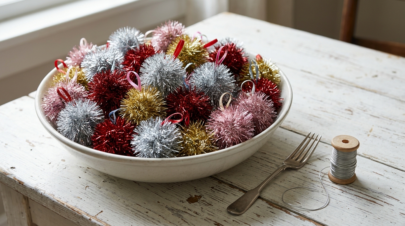 Tinsel christmas decor round fluffy tinsel pom pom ornaments in silver, red, gold and pink in a white bowl