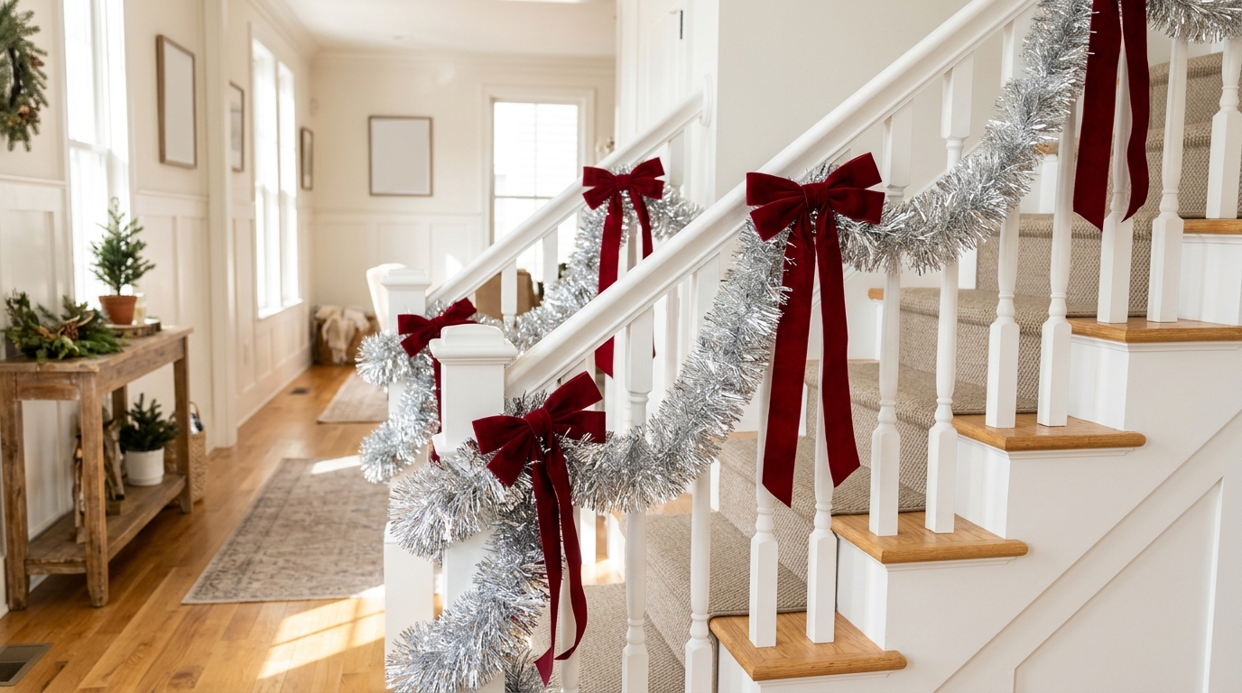 White staircase railing wrapped in silver tinsel garland with red velvet bows tied along it