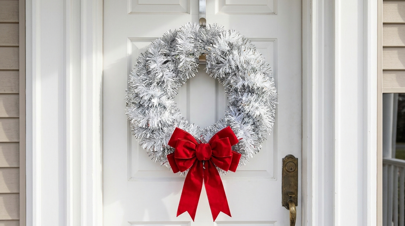 Tinsel christmas decor round fluffy silver and white tinsel wreath with a large red velvet bow on a white front door